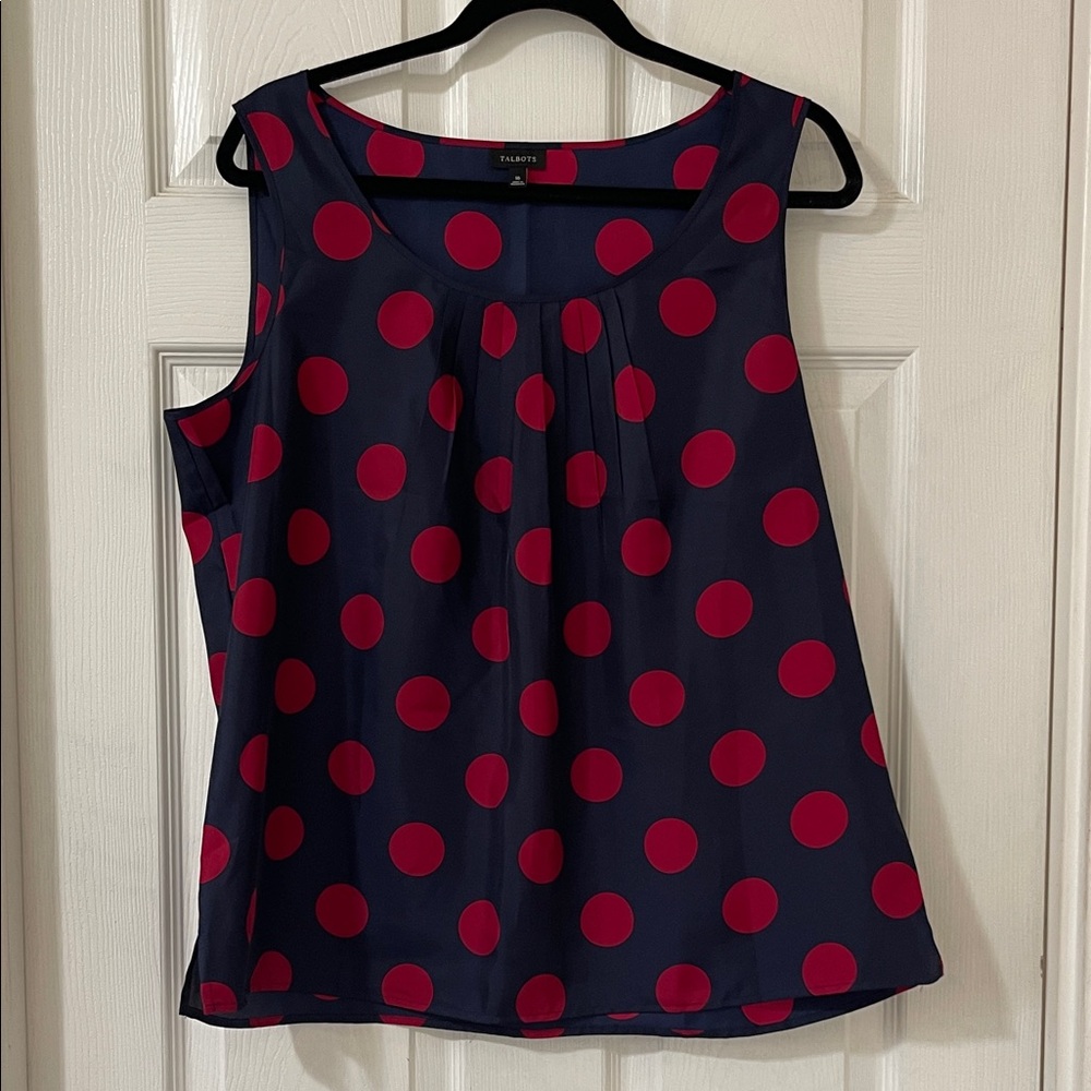 Talbots Navy and Red Polka Dot Sleeveless Blouse with beautiful pleating